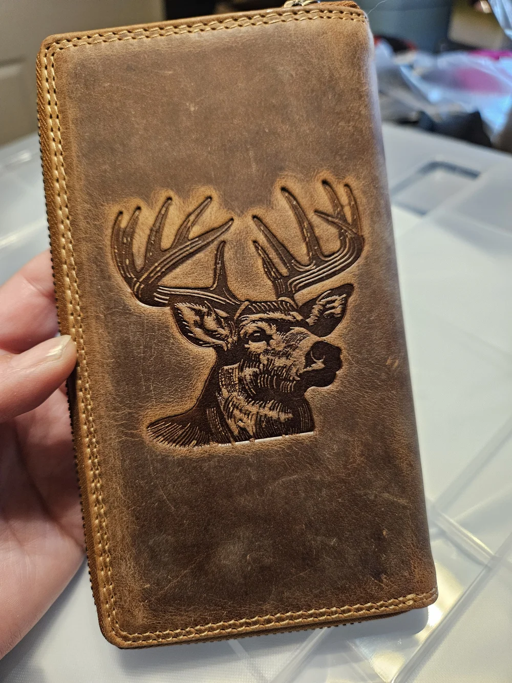 Men's Brown Leather Zip Wallet with Deer Embossing